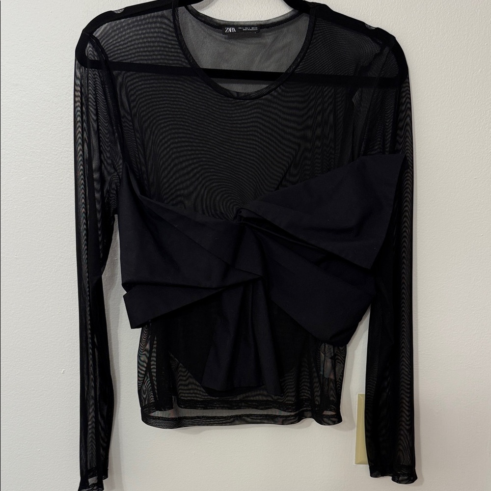 Zara Sheer Black Long Sleeve Top with Bow